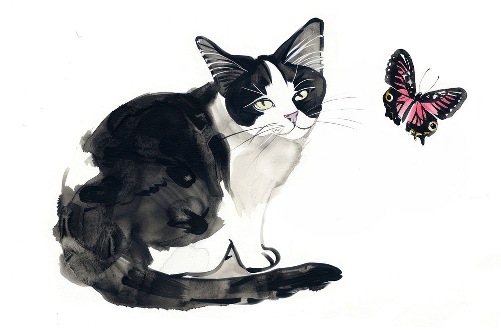 Cat with butterfly Japanese minimal art invertebrate illustrated.