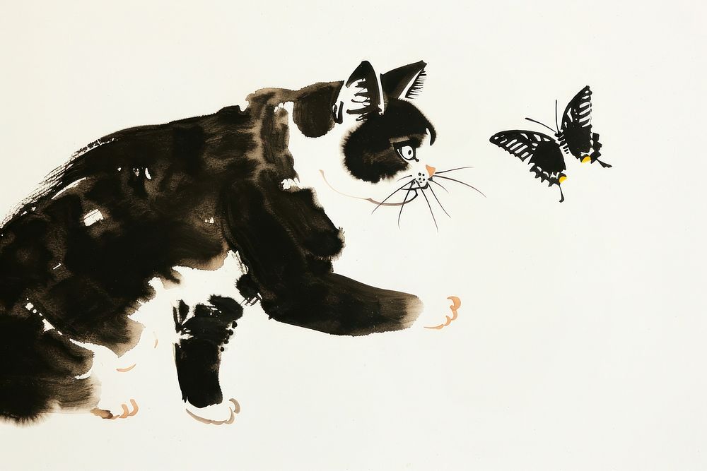 Cat with butterfly Japanese minimal art invertebrate electronics.