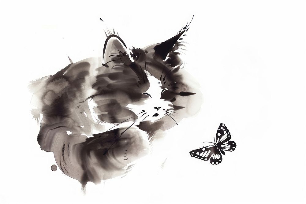 Cat with butterfly Japanese minimal art illustrated drawing.