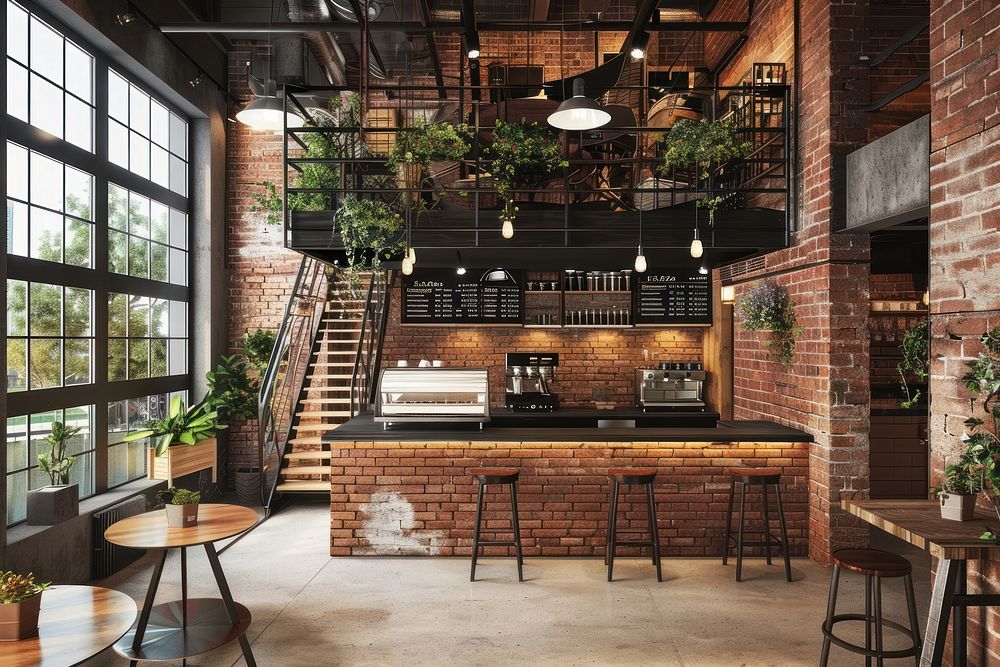 Modern cafe design interior loft architecture restaurant.