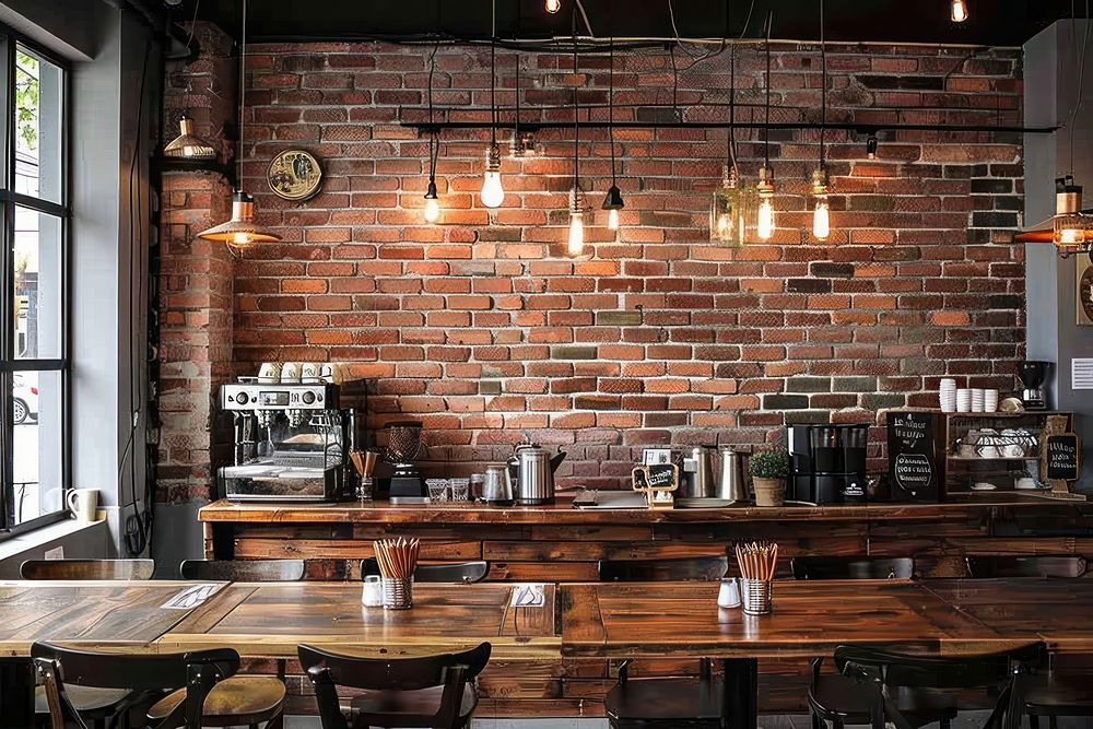 Modern cafe design interior brick architecture restaurant.