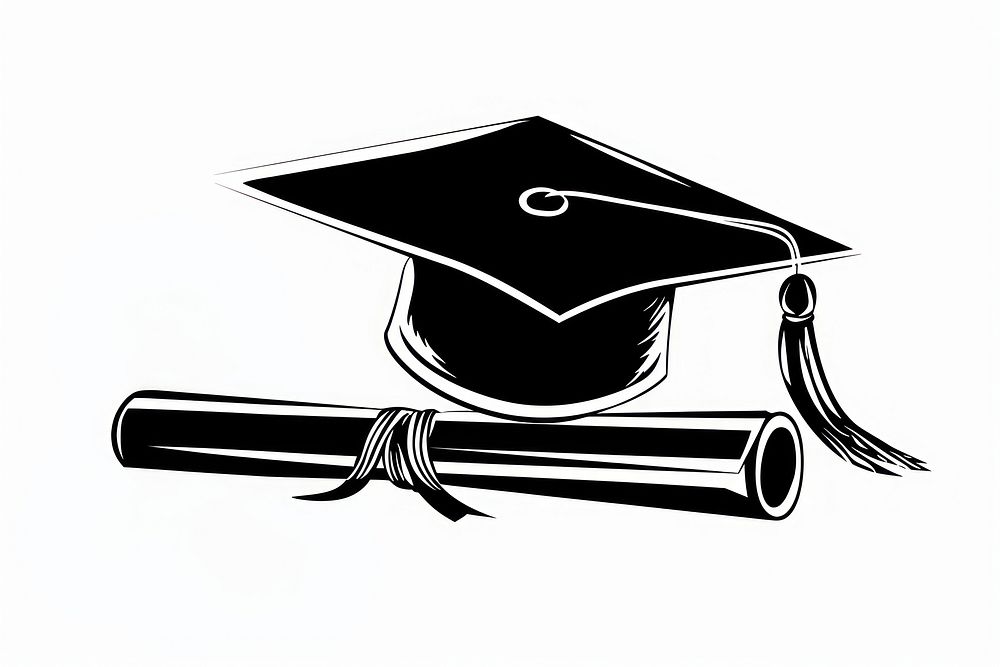 Rolled diploma with graduation cap weaponry document stencil.