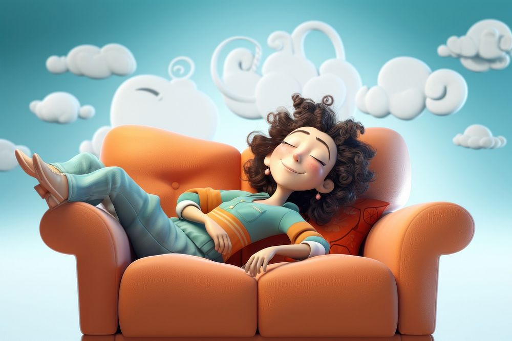 A comfortable sofa hands behind head rest at home advertisement furniture sleeping.