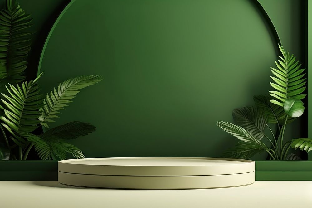 Podium scene with leaf platform indoors pottery green.