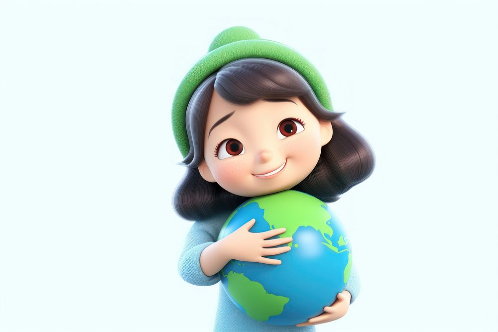 Asian woman hugging a blue-green earth astronomy universe balloon.