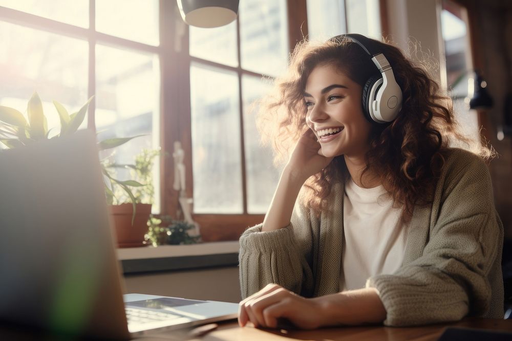 Smiling woman with headphones laptop electronics computer.