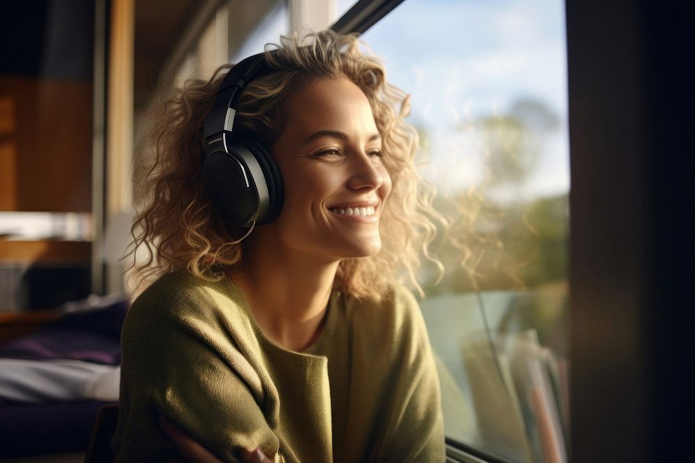 Smiling woman with headphones electronics laughing headset.
