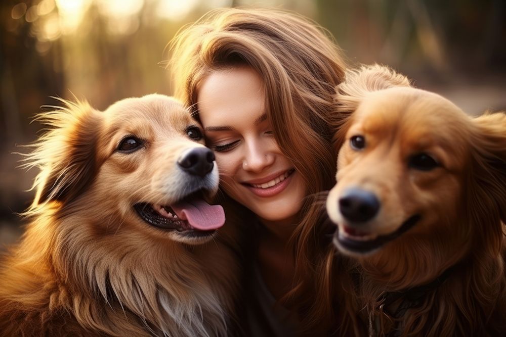 Young woman with two dogs happy pet person.