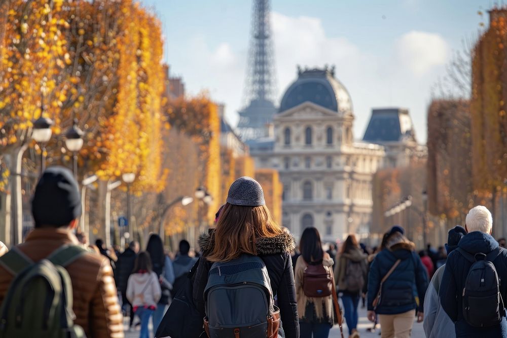 Crowd people walking in Paris architecture accessories pedestrian.