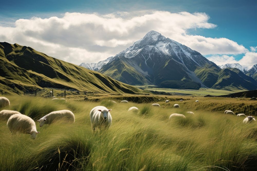 Sheep eating grass sheep countryside grassland.