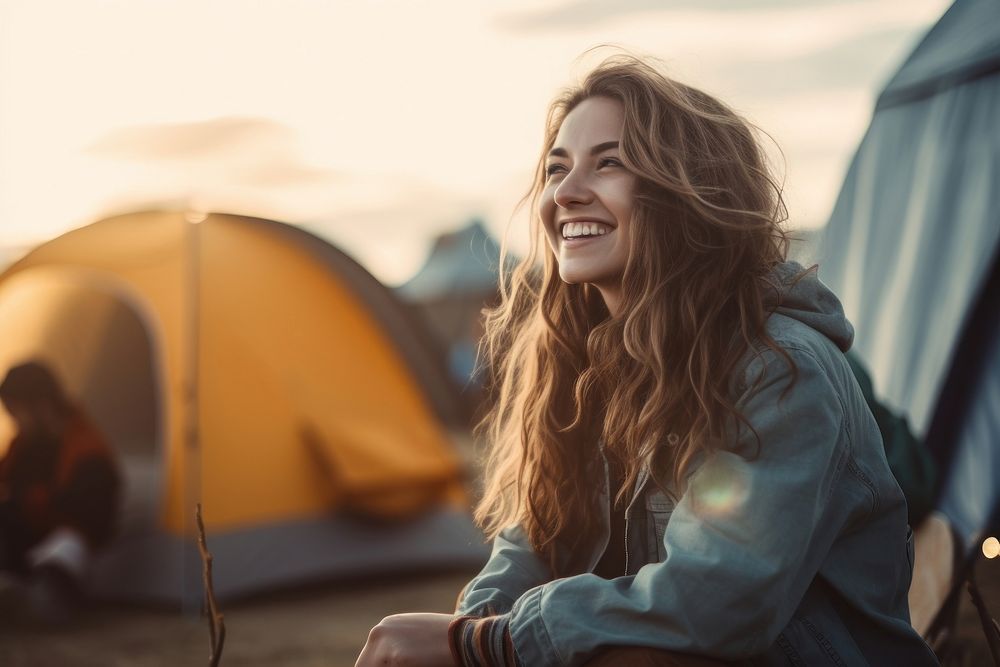 Peace and serenity photo of female camping happy smile.