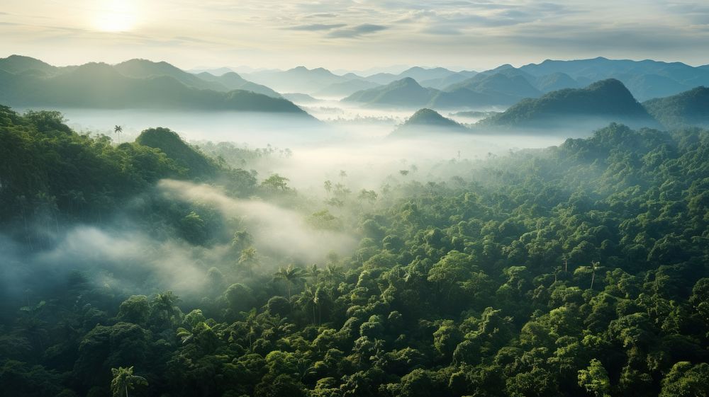 Rainforest landscape fog aerial view.
