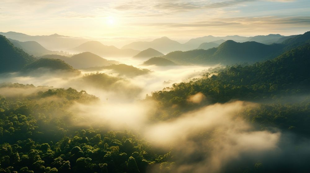 Jungle rainforest fog aerial view.