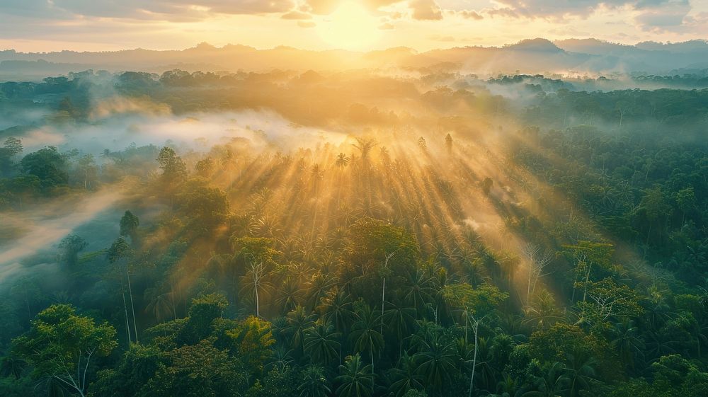 Jungle with fog nature tree aerial view.