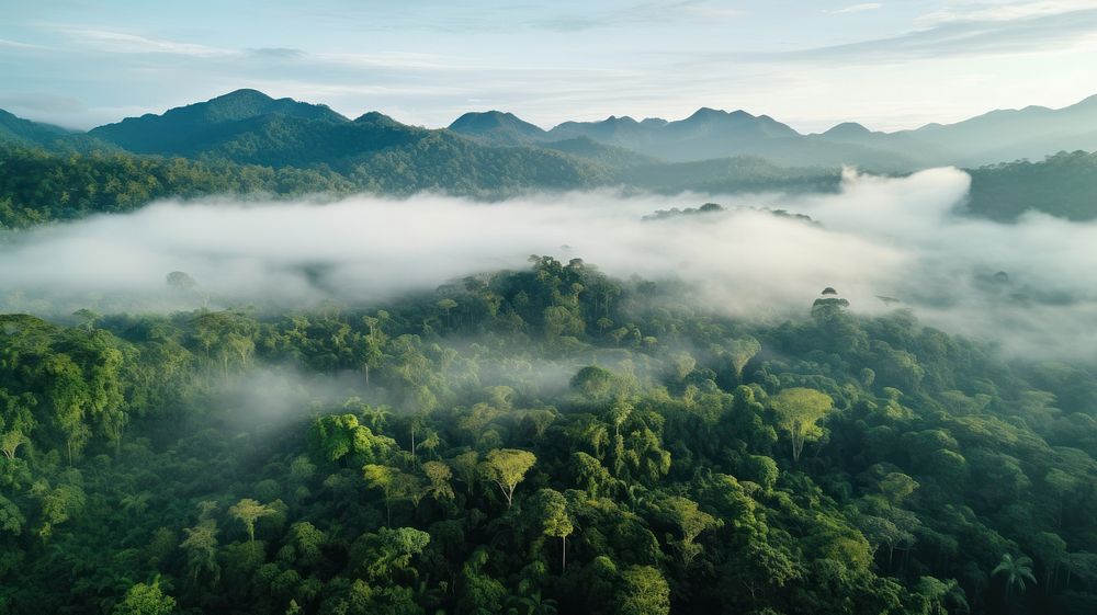 Jungle at sunrise rainforest tree aerial view.