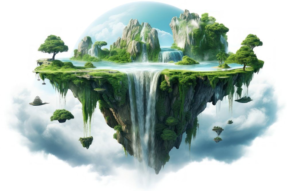 Floating fantasy island waterfall green tree.