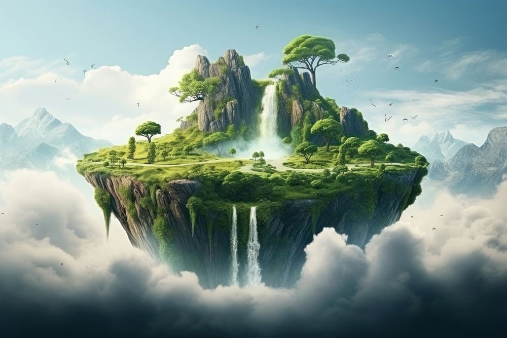 Floating fantasy island waterfall green tree.