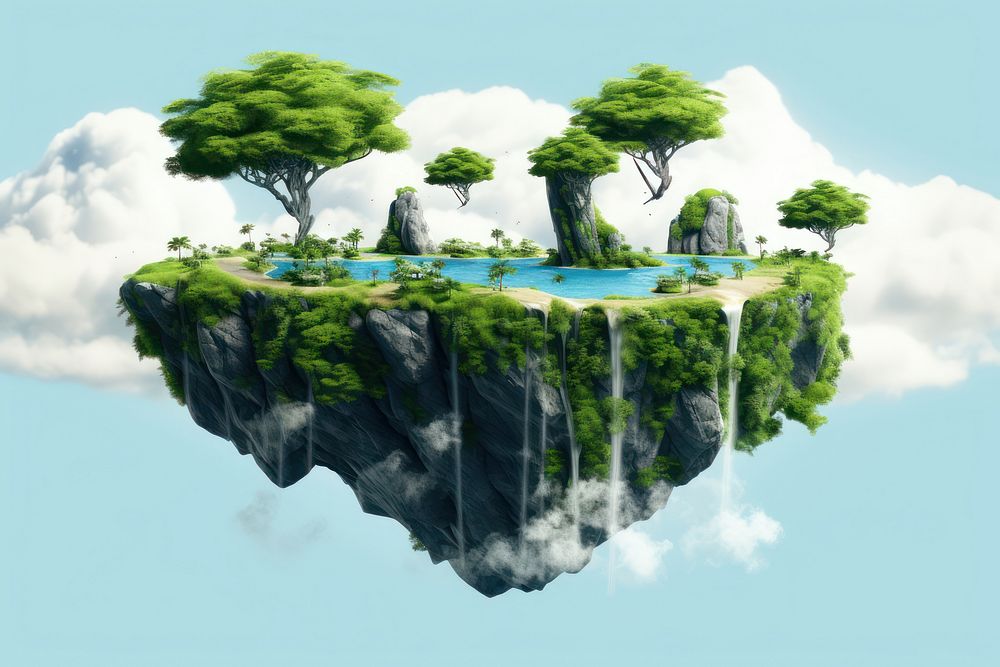 Floating fantasy island water green tree.