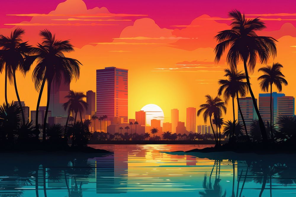 Silhouette Miami city sunset architecture metropolis.