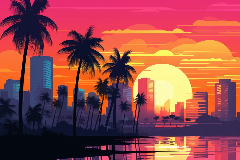 Silhouette Miami sunset architecture metropolis.