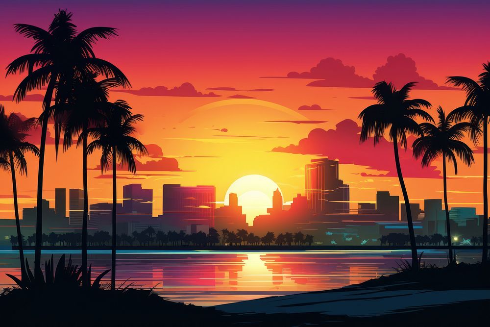 Silhouette Miami sunset architecture landscape.