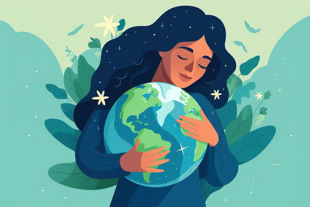 Woman hugging a blue-green earth astronomy universe graphics.