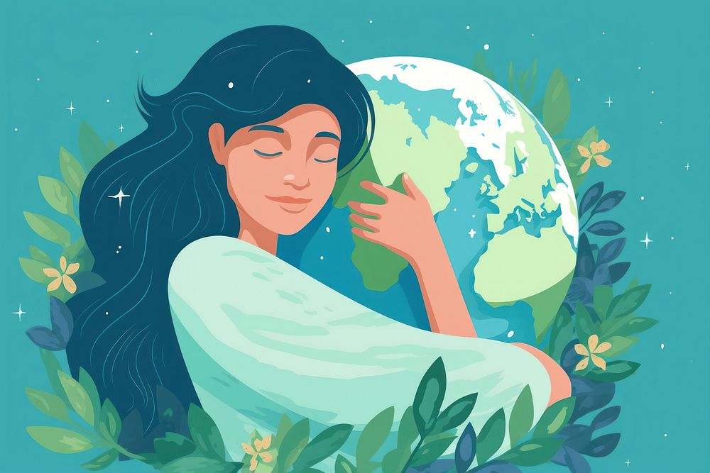 Woman hugging a blue-green earth astronomy graphics painting.