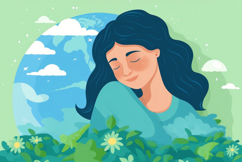 Woman hugging a blue-green earth illustrated painting graphics.