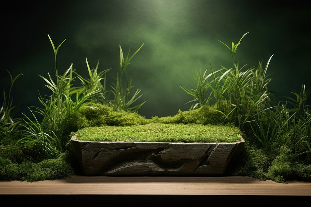 Product podium with a medow hills grass vegetation aquarium.