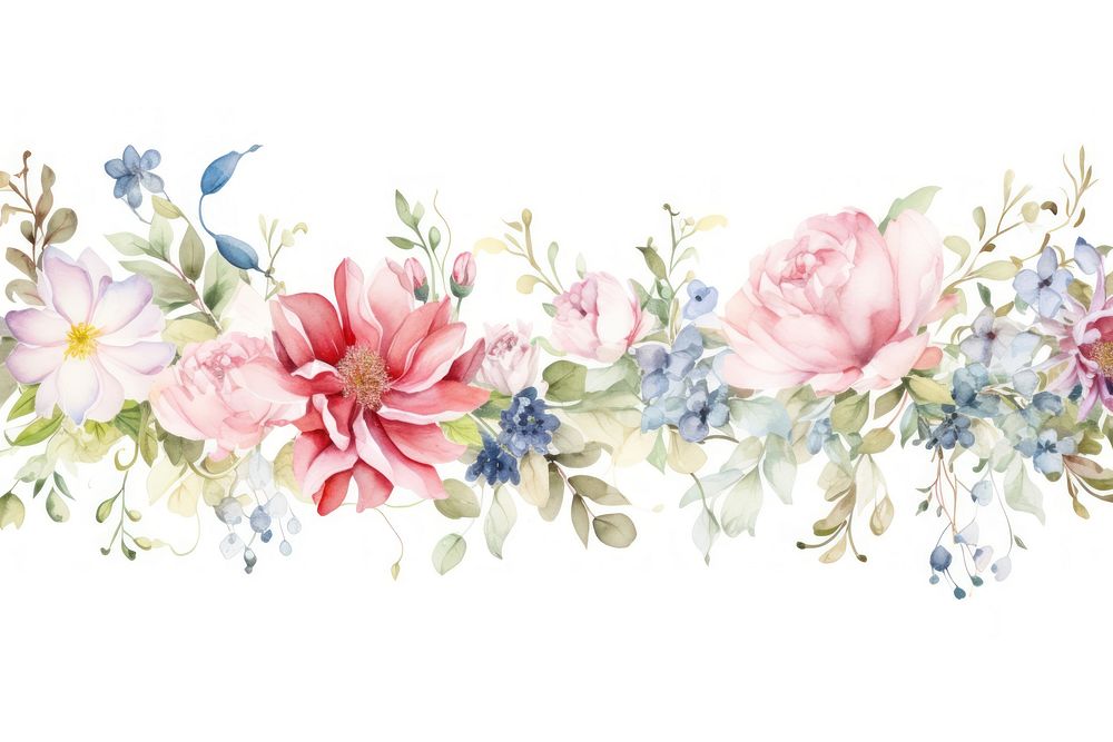 Horizontal Seamless Watercolor Floral Border graphics pattern blossom.