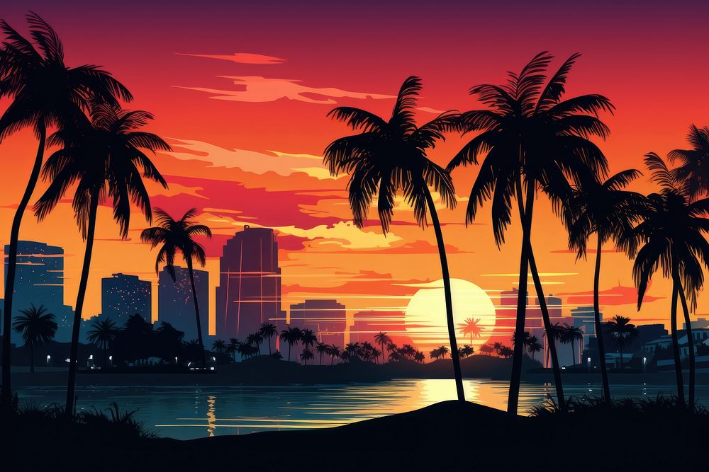 Silhouette Miami sunset architecture landscape.