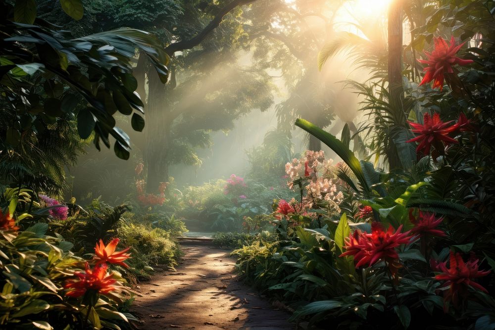 Morning light in beautiful jungle garden vegetation rainforest landscape.