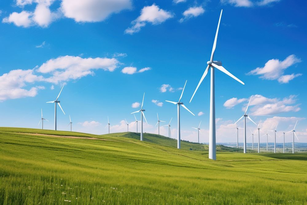 Panoramic view of wind farm or wind park turbine wind turbine outdoors.