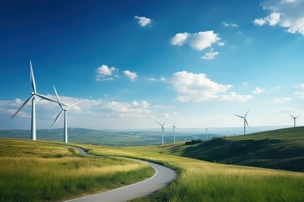 Panoramic view of wind farm or wind park outdoors windmill machine.