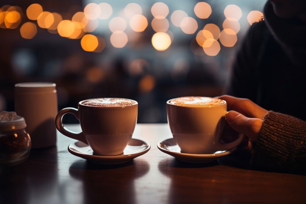 Two people holding coffee cups bump beverage drink mug.