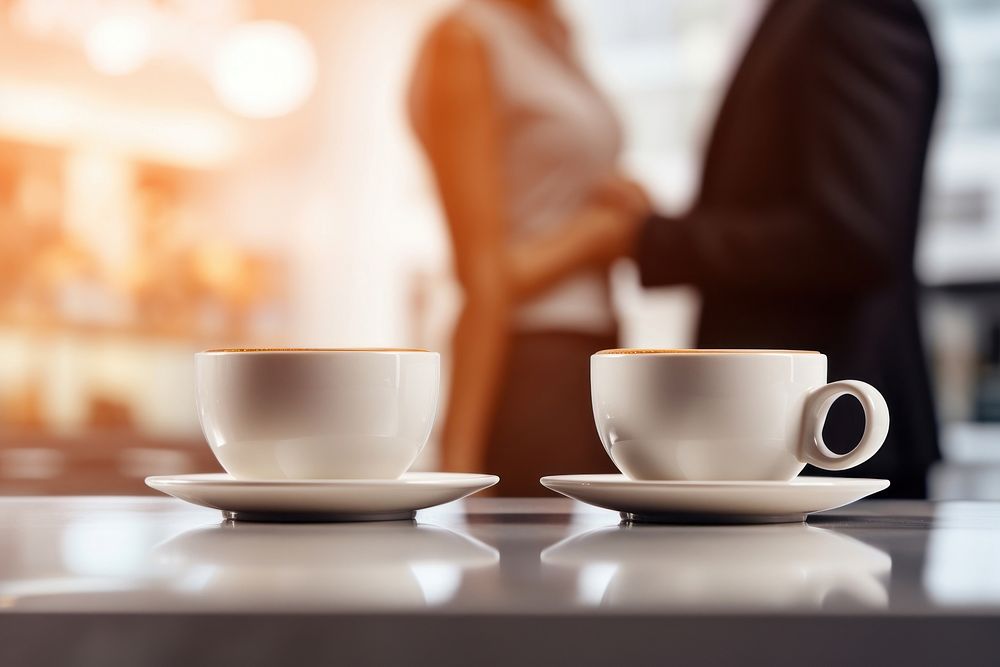 Two people holding coffee cups bump beverage saucer drink.