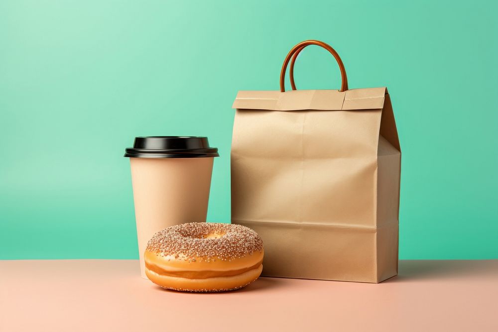 Paper bakery bag with a donut in it coffee cup confectionery accessories accessory.