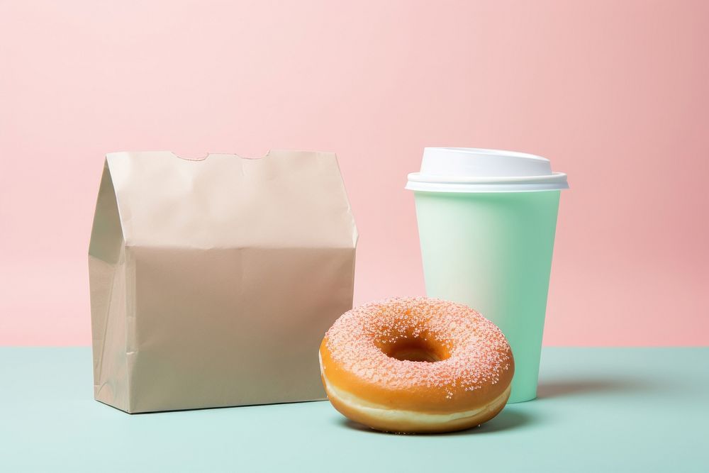 Paper bakery bag with a donut in it coffee cup confectionery sweets bread.