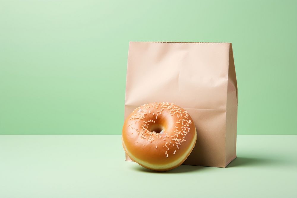 Paper bakery bag with a donut in it coffee cup bread bagel food.