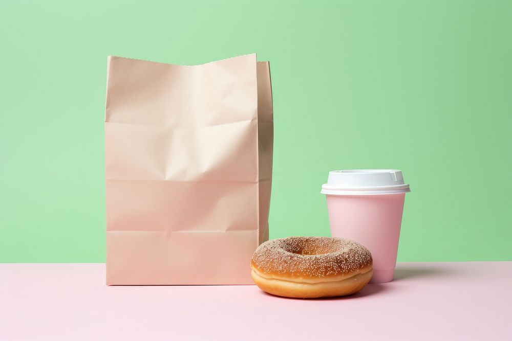 Paper bakery bag with a donut in it coffee cup confectionery sweets bread.