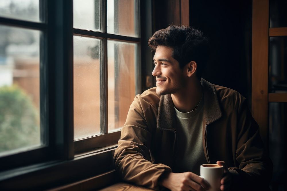 Man sitting by the window sipping coffee man dimples person.