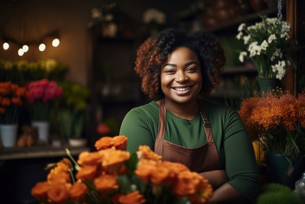 Black woman flower plant laughing.
