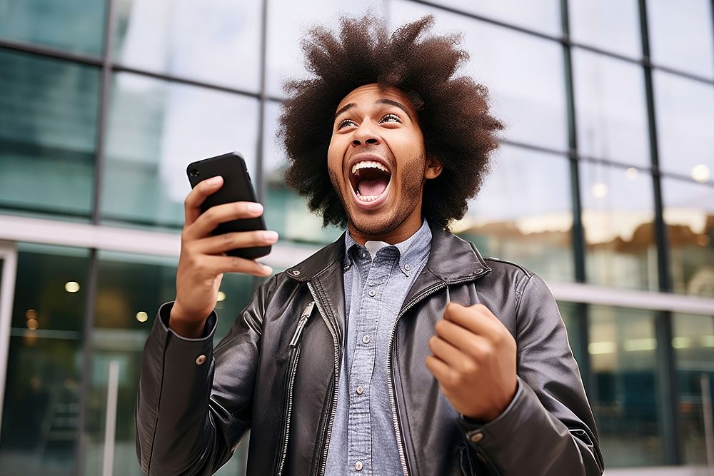 Young man surprised laughing clothing.