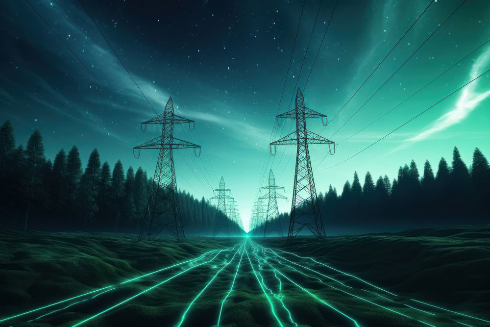 Power Transmission Lines with 3D Digital Visualization green night sky.