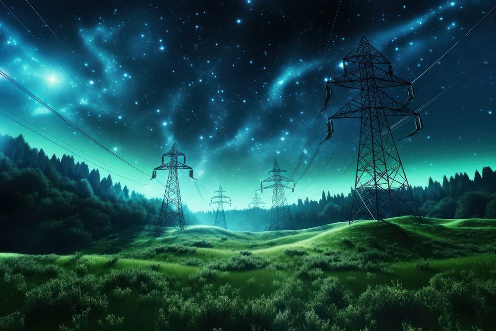 Power Transmission Lines with 3D Digital Visualization night green sky.
