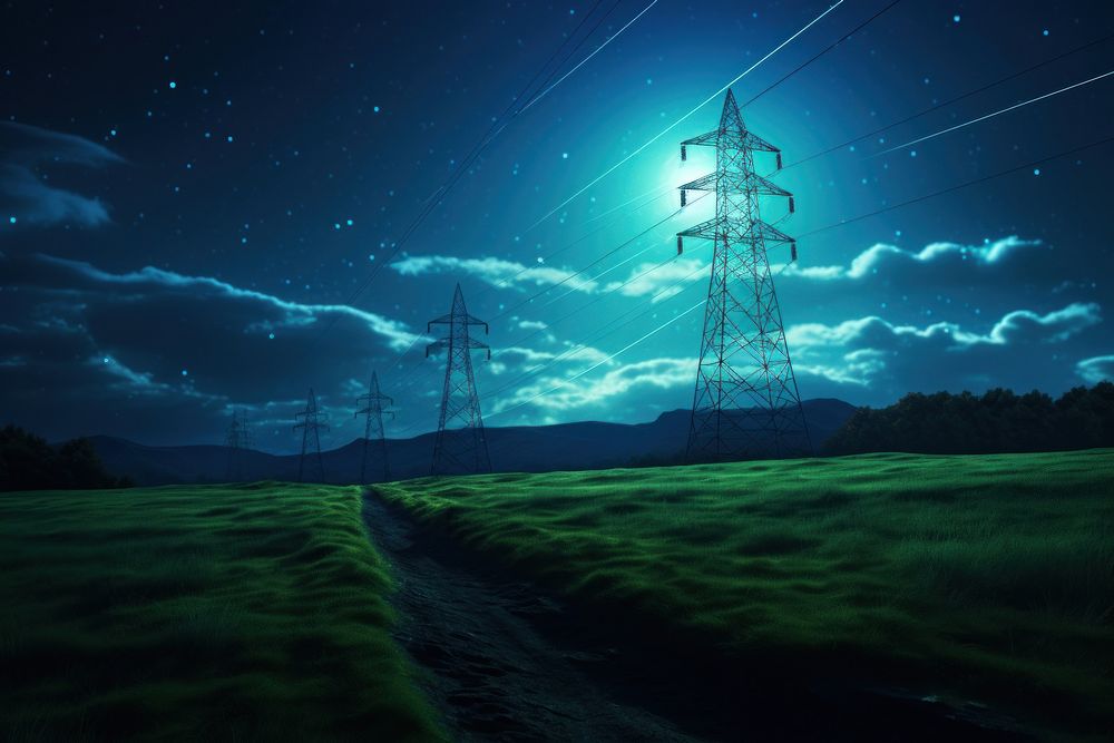 Power Transmission Lines with 3D Digital Visualization outdoors nature cable.