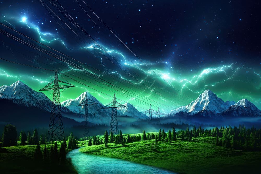 Power Transmission Lines with 3D Digital Visualization night sky landscape.
