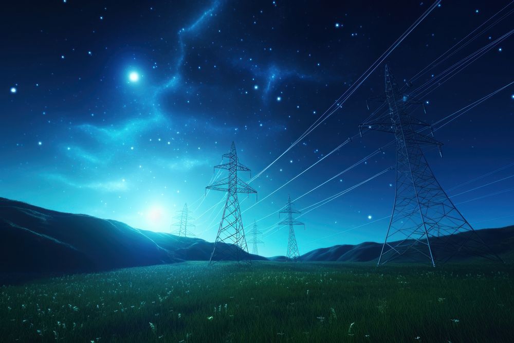 Power Transmission Lines with 3D Digital Visualization night sky landscape.