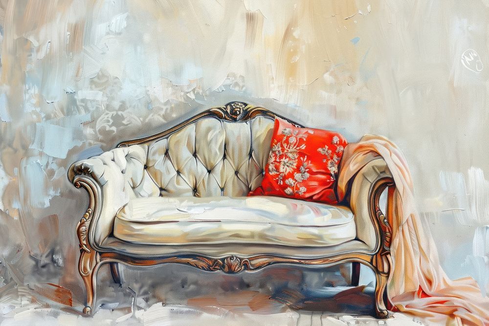 Close up on pale sofa painting furniture canvas.