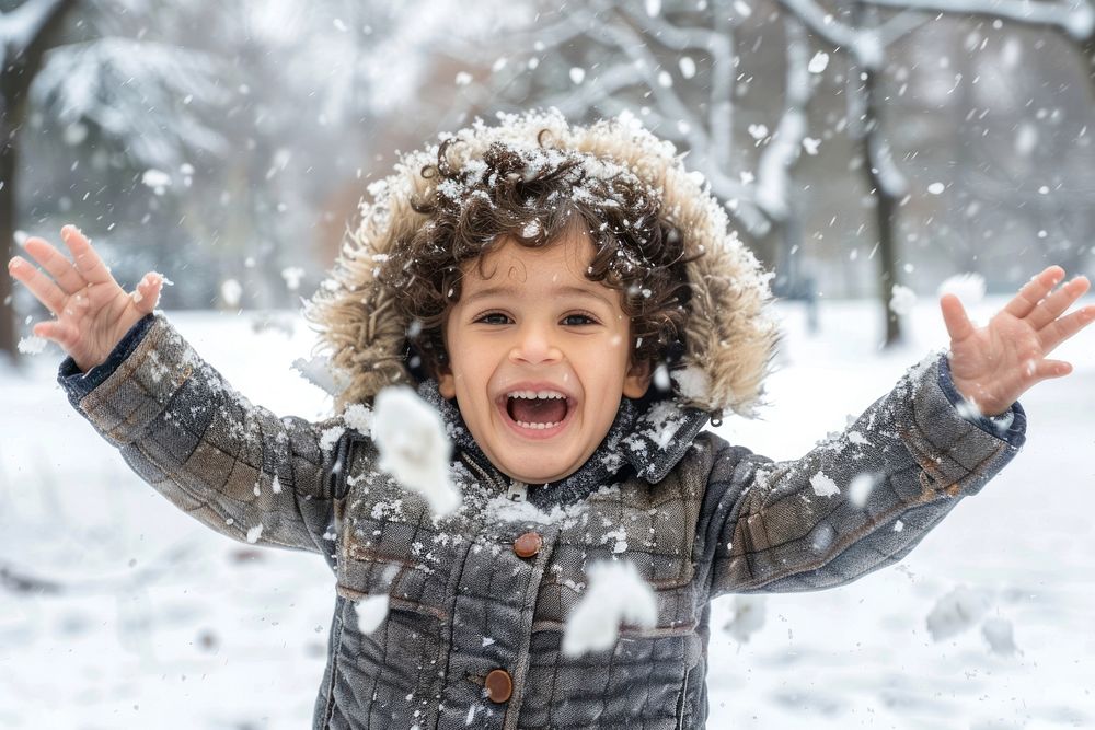 Excited hispanic child snow outdoors person.
